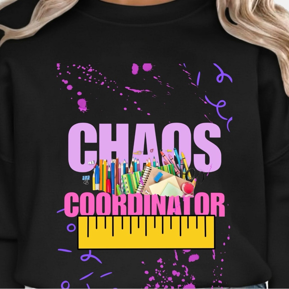 Chaos Coordinator Teacher' Shirt - Black with Purple & Pink Graphic